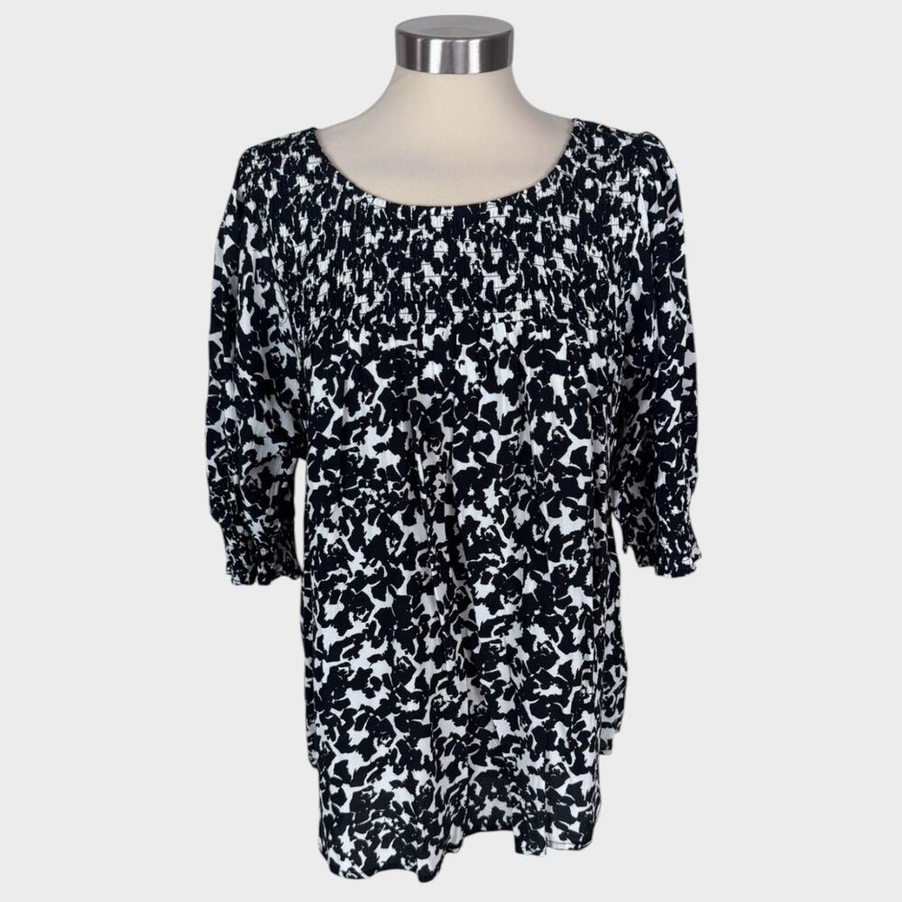 Terra & Sky 14W 0X 1/2 Elbow Sleeve Black White Top 100% Rayon